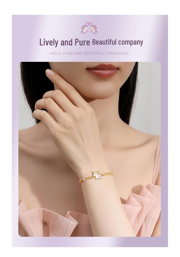Tichia Rainbow Unicorn Bracelet: S925 Silver, Enamel, Heart Design for Women