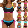 Women's Fluorescent Contrasting Splicing Bikini Drawstring Swimsuit Women's Vacation Beach Two-piece Set