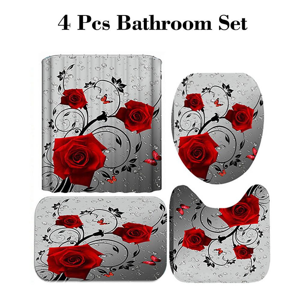 Perdea de baie cu flori imprimată 3D, impermeabilă, romantică, cu trandafiri roșii, seturi de perdea de duș și covoraș pentru decorul de baie de Ziua Îndrăgostiților