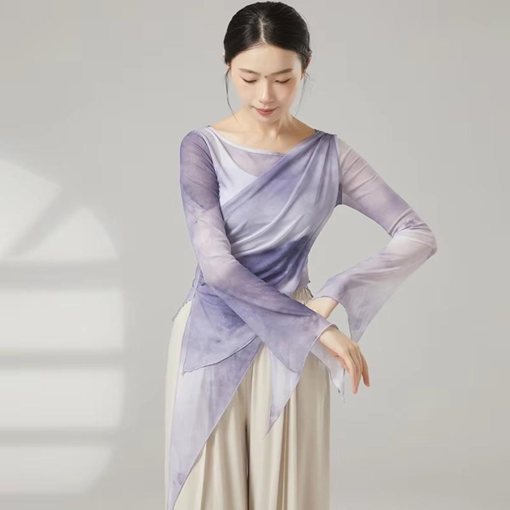 Long Slit Classical Dance Mesh Top Prints Chinese Hanfu  Women Dance Wear