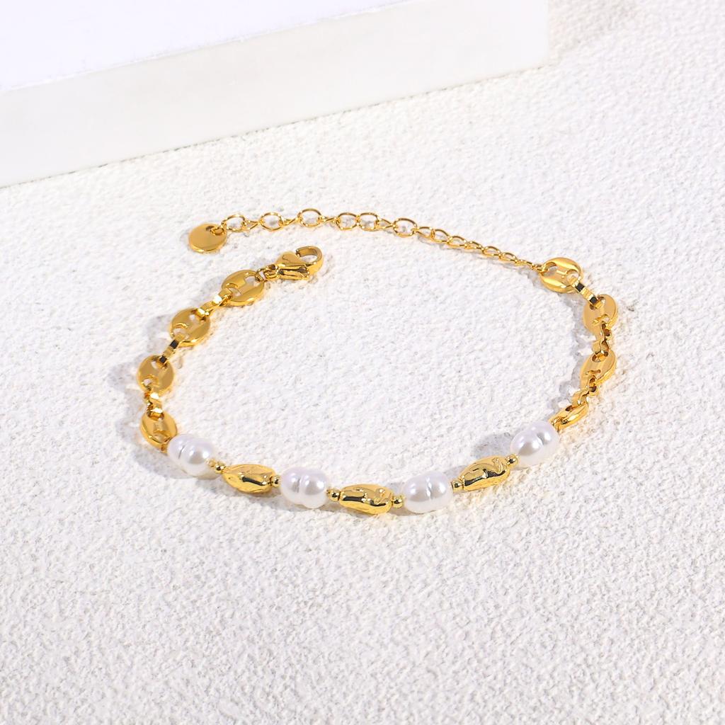 Stainless Steel Gold Color Bracelets with White Pearl Accents Mesh Band Flower Detail and Chunky Link Chain Designs for Women