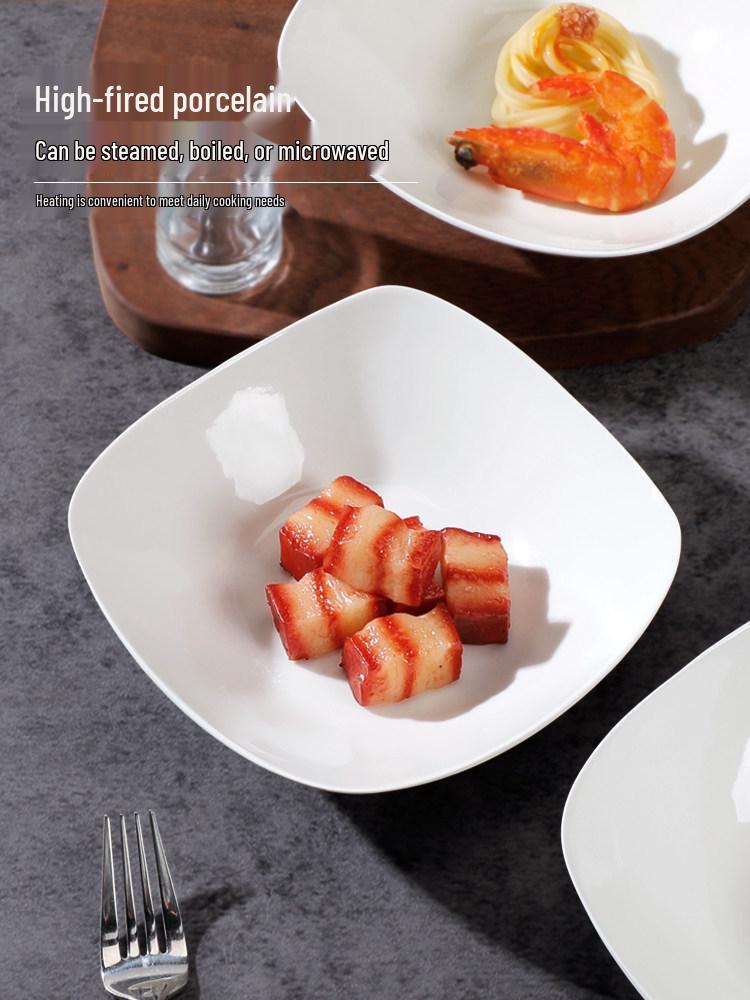 Microwaveable Pure White Ceramic Plate Set: Includes 4/6 Upturned Corner Bowls for Fruits, Soups, and Cold Dishes.