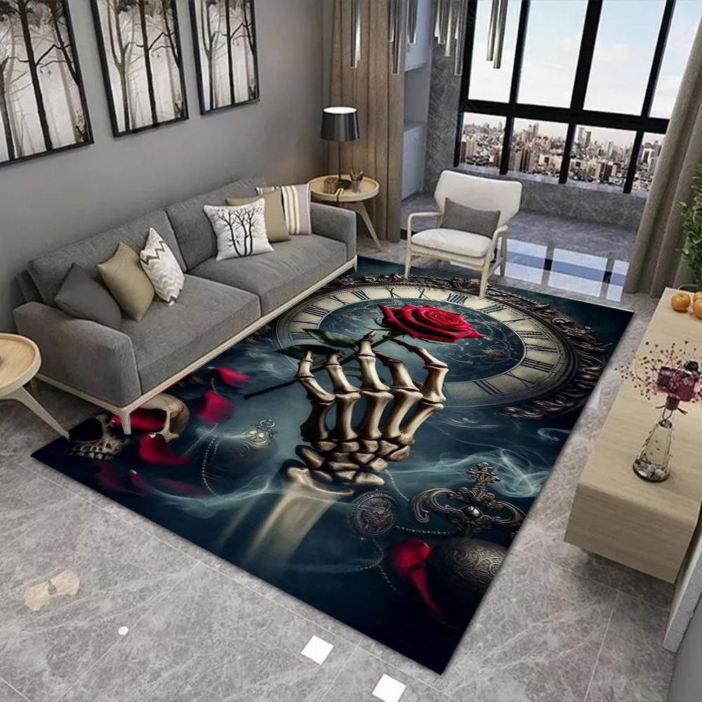 Gothic Skull Carpet Mat - Butterfly Rose Guitar Metallic Texture Sketch Dark Art Black Red Edgy Decorative Home Decoration Rug