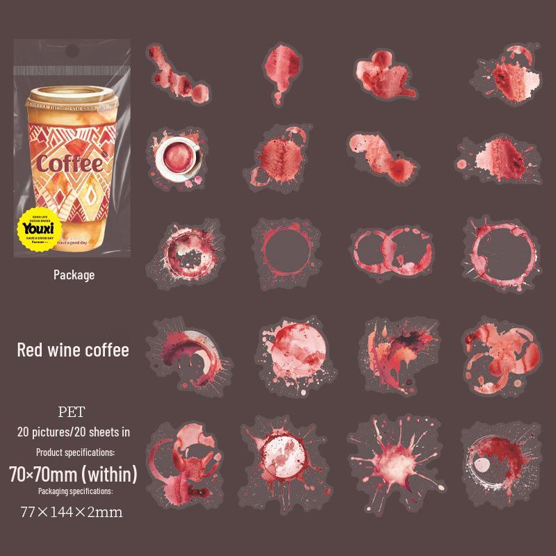 Coffee Stain Ink PET Sticker Pack: 20 Sheets, 6 Designs - Beautiful Day Series