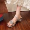 Flower Toe Silver Cool Slippers Women Wear New Summer Temperament Thick Heel Rhinestone One-word Drag