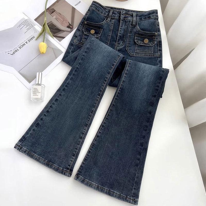 Women s High Waist Blue-Gray Flared Jeans - Slim Fit Autumn/Winter Elastic Bell Bottom Pants L сине серый