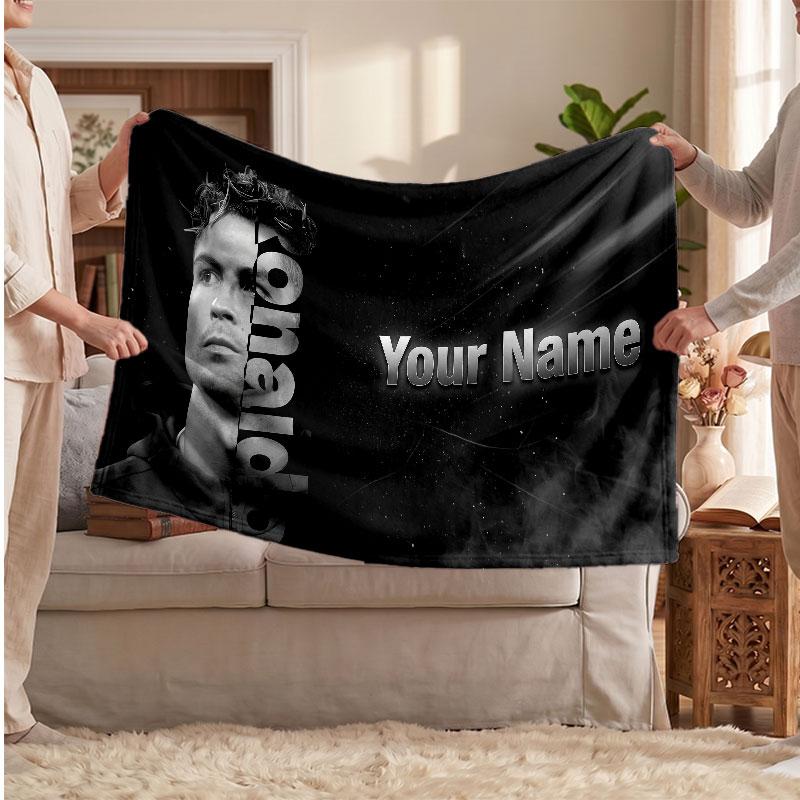 Coperta Personalizzata in Pile Cristiano Ronaldo con Logo Calcio, Testo Nome Personalizzato Morbida Calda Coperta da Divano per la Casa