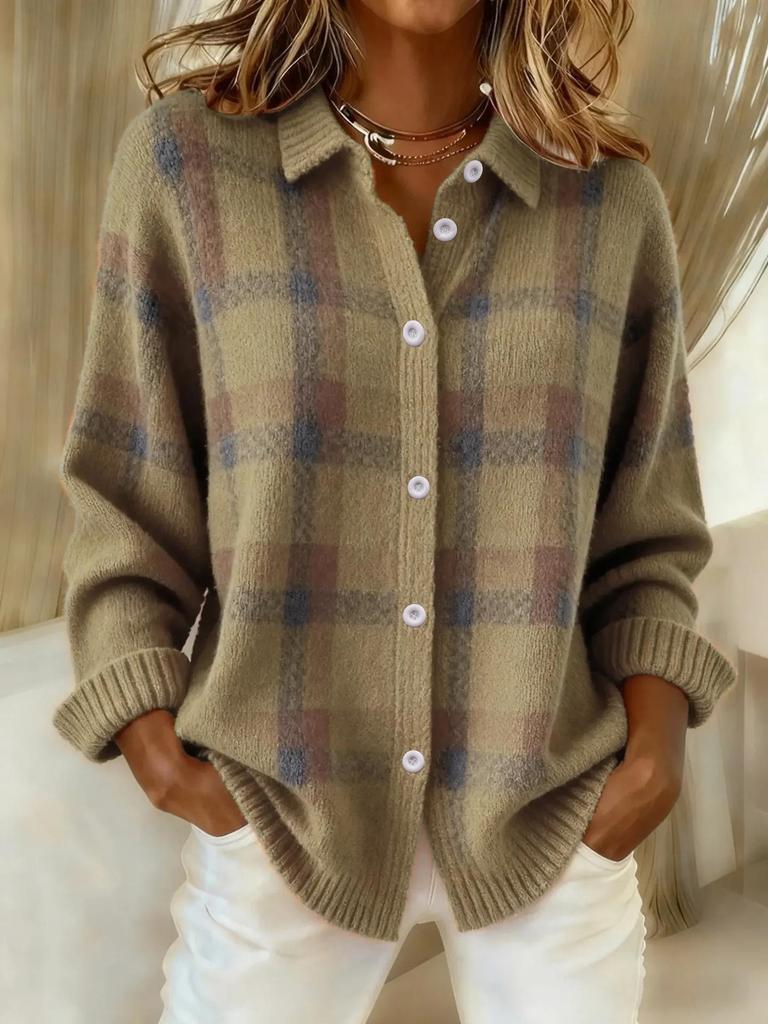 Women's Casual Plaid Long Sleeve Lapel Shirt Cardigan