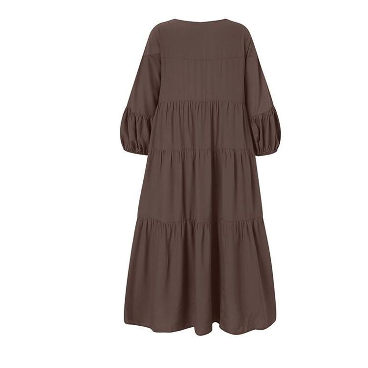 Damesmode zomer lente effen kleur print lange mouw V-hals hoge taille casual jurken