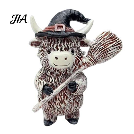 Unique Halloween Gift for Friends Highland Cow Figurine, Wizard Broom & Bat Wing Pumpkin Ornaments Ornament, Weatherproof Desktop Decor Home