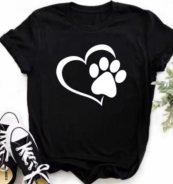 Women Pet Lover Graphic T Shirt Brushed Texture Heart With Paw Print Round Neck Short Sleeve Soft Casual Dog Mom Everyday Tee
