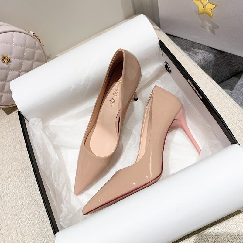 Nude patent leather high heels women's autumn new light mouth pointed head versatile simple thin heel professional single shoes women