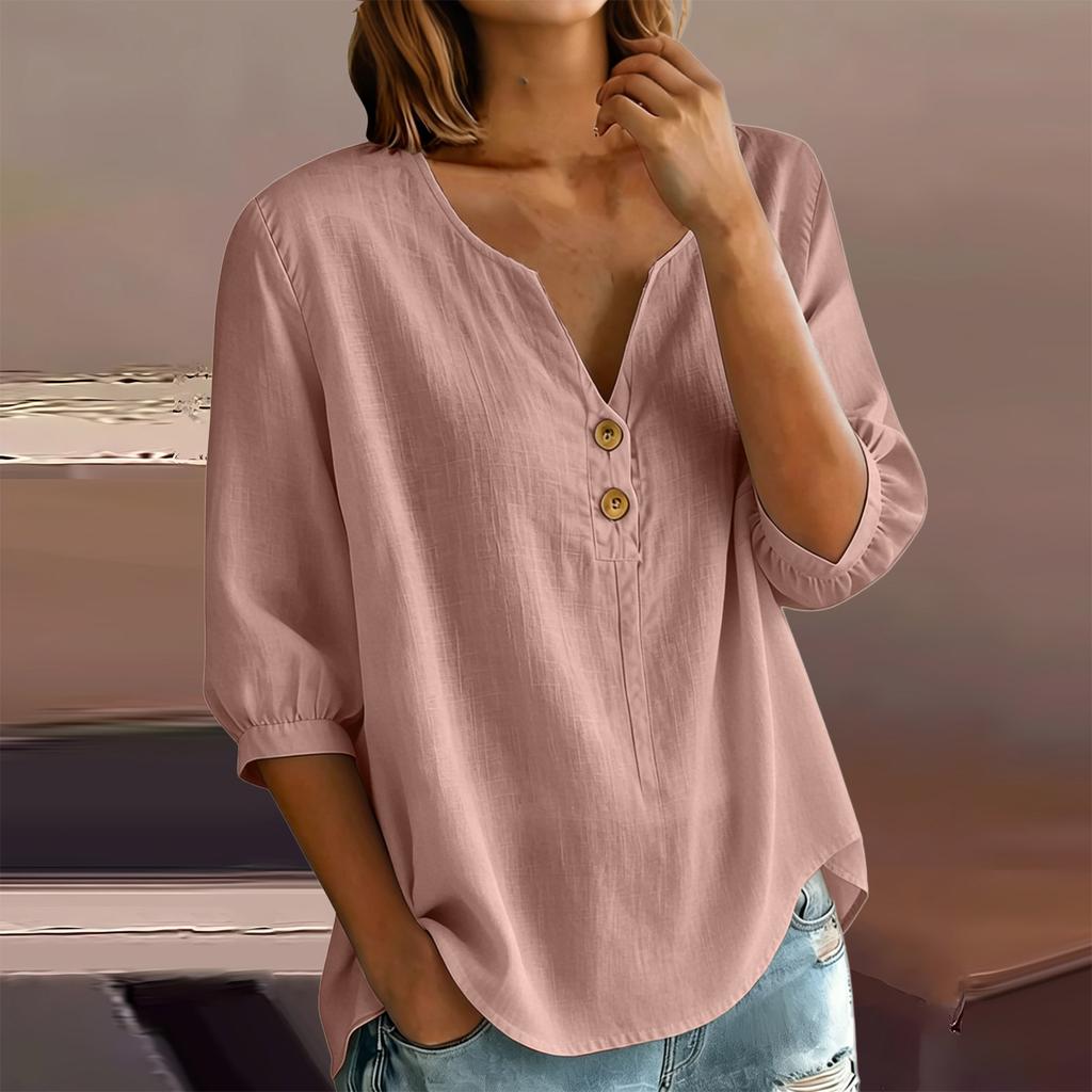 Women's Casual Linen Blend Henley Button Neck Shirt Three Quarter Sleeve Lightweight Loose Fit Top for Everyday Wear