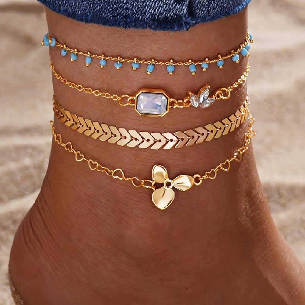 Beach Metal Pineapple Pearl Anklet Set Retro Multi-layer Pendant Anklet Girl Premium Feet