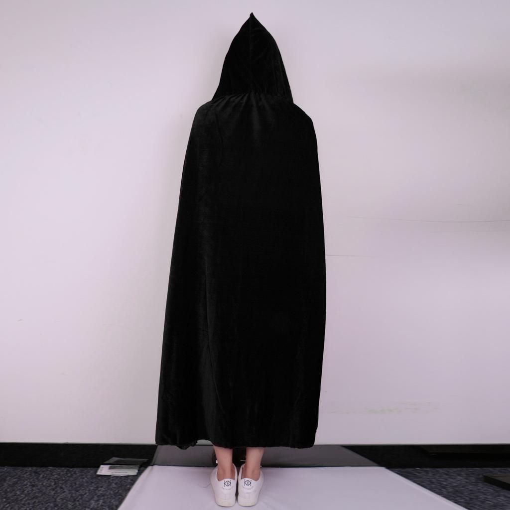 Velvet Ankle Length Cloak Cape With Hood Gothic Fancy Dress Medieval Robe Costume - Black