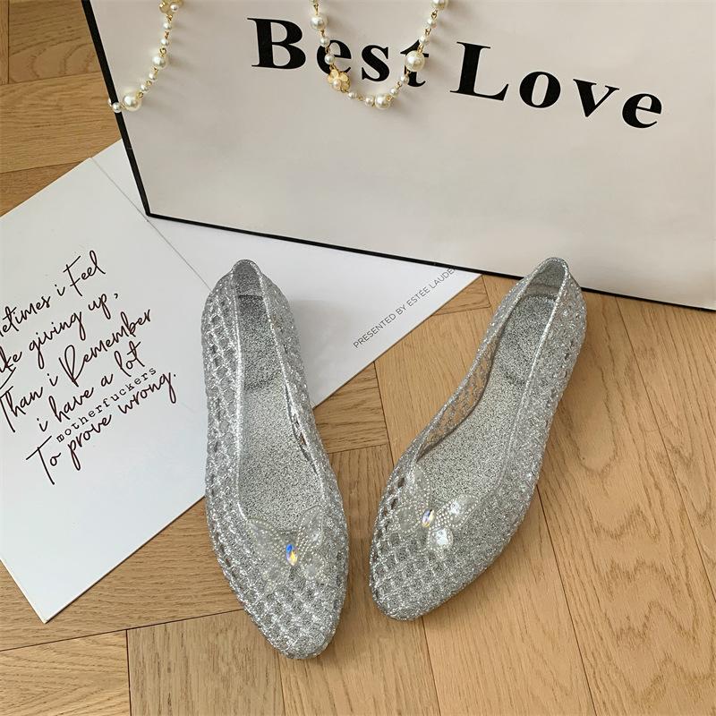 Scarpe da Donna in Gel Traforate con Strass a Forma di Farfalla Piatte Estive Antiscivolo Slip-On Sandali da Donna per Spiaggia Scarpe da Acqua