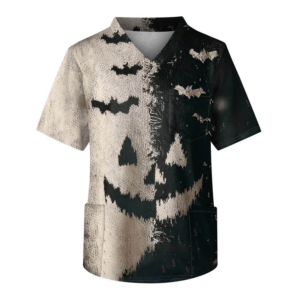 Men's Printing Short Sleeve V-neck Working Blouse Chest Pocket Carer Top