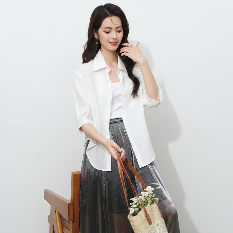 Women s Ice Silk Breathable Relaxed Fit Mid-Sleeve Commuter Shirt M