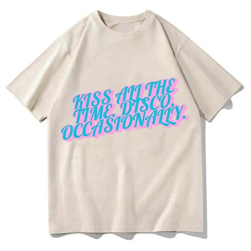

Oversized White Cotton Casual Streetwear T-Shirt with Retro Disco Font Quote Kiss All The Time, Disco, Occasionally Print XXXL