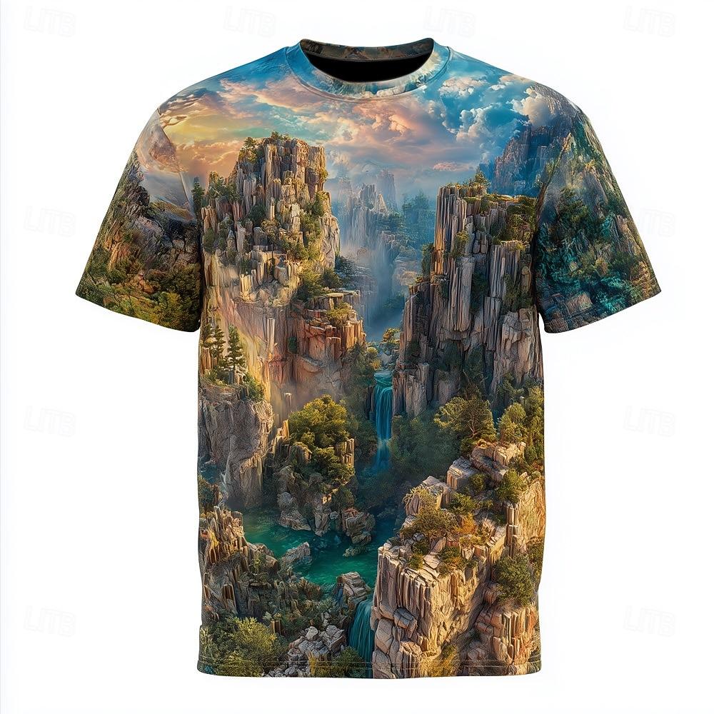 Men's Optical Illusion 3D Mountain T Shirt Short Sleeve T shirt 3D Print Crew Neck Shirt Exaggerated Designer Party Daily