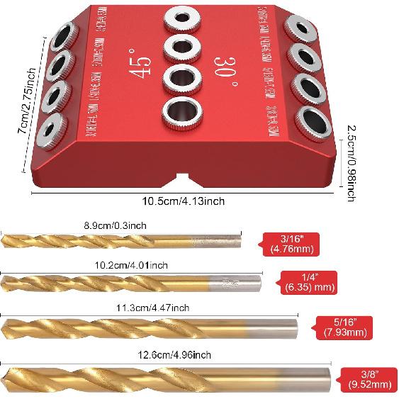 Multi Angle Drill Guide Jig 30 45 90 Degree with 4 Drill Bits Portable Drill Guide for Angled Holes and Straight Hole All Metal Jig for Stairs