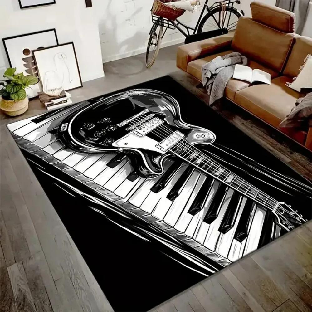 Vibrant Guitar Piano Print Area Rug Black and White Music Theme Home Decor Modern Art Floor Mat Bedroom Living Room Carpet