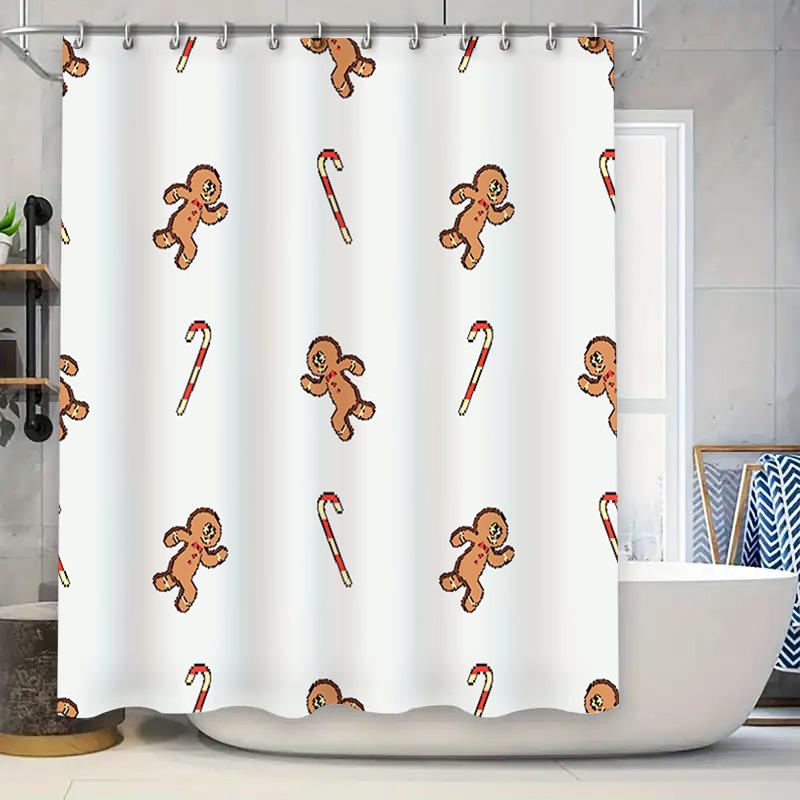

Gingerbread Man Candy Cane Shower Curtain White Bath Decor For Bathroom Decorations Festive Christmas Gift Idea (White) W60H190(CM)-1 Pcs