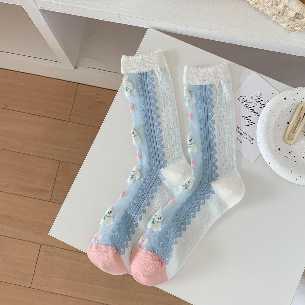 Lace Socks Women Summer Ultra-thin Transparent Crystal Silk Socks Floral Embroidery Japanese Kawaii Cartoon Cute Glass Silk Sock
