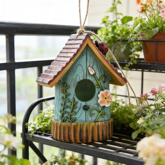 Garden Bird House Spacious Hole Hand-Painted Birdhouse Resin Waterproof Outdoor Hanging Birdhouse Sunproof for Bluebird Hummingbird Finch Cardinals