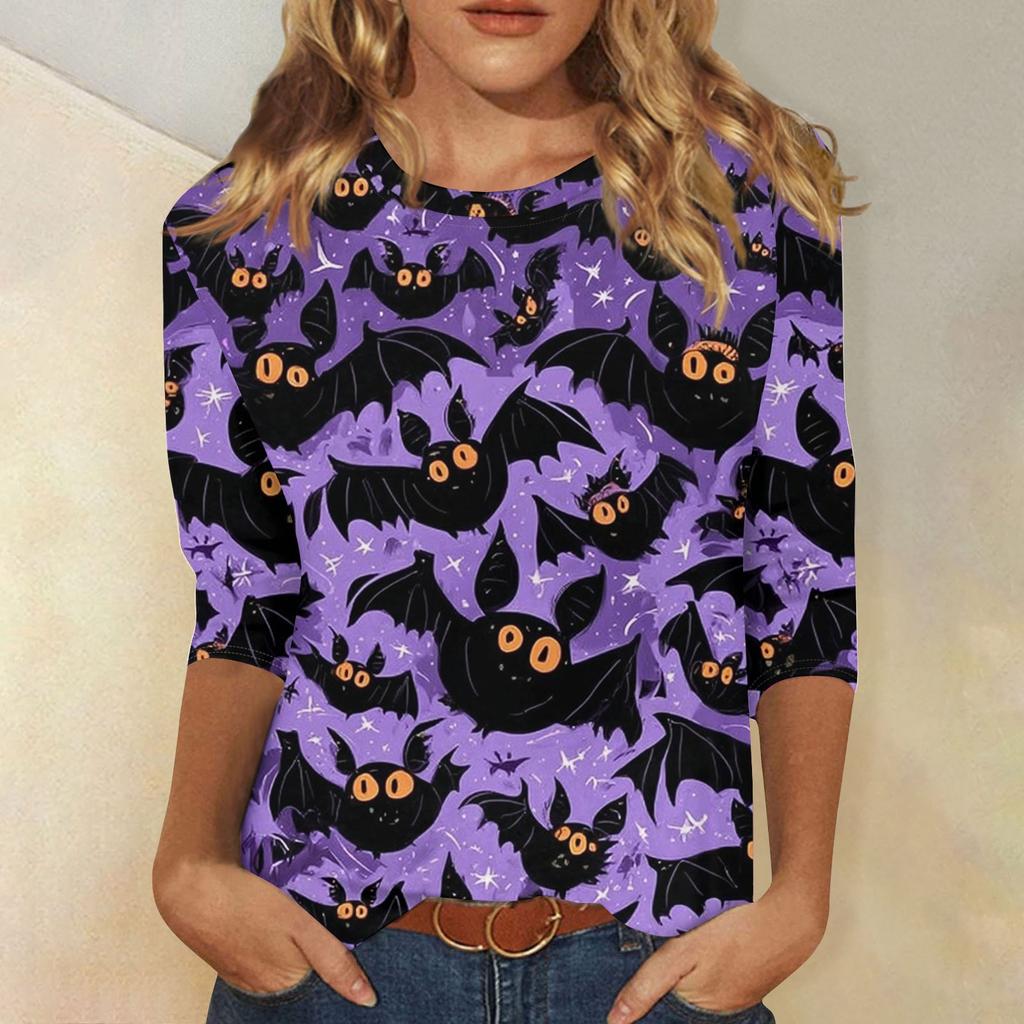 Women's Fashion Casual Three-quarter Sleeve Halloween Printed Round Neck Top