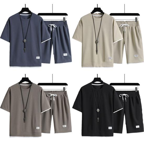 2 Pcs/Set Men Summer Tracksuit Set Casual Loose Solid Color Short Sleeves Elastic Waist Sports Drawstring Workout T-shirt Shorts Set Male Clothes