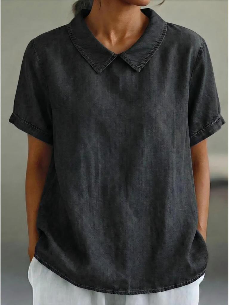 2026 European Spring/Summer Women's Casual Loose Lapel Faux Denim Short Sleeve Shirt