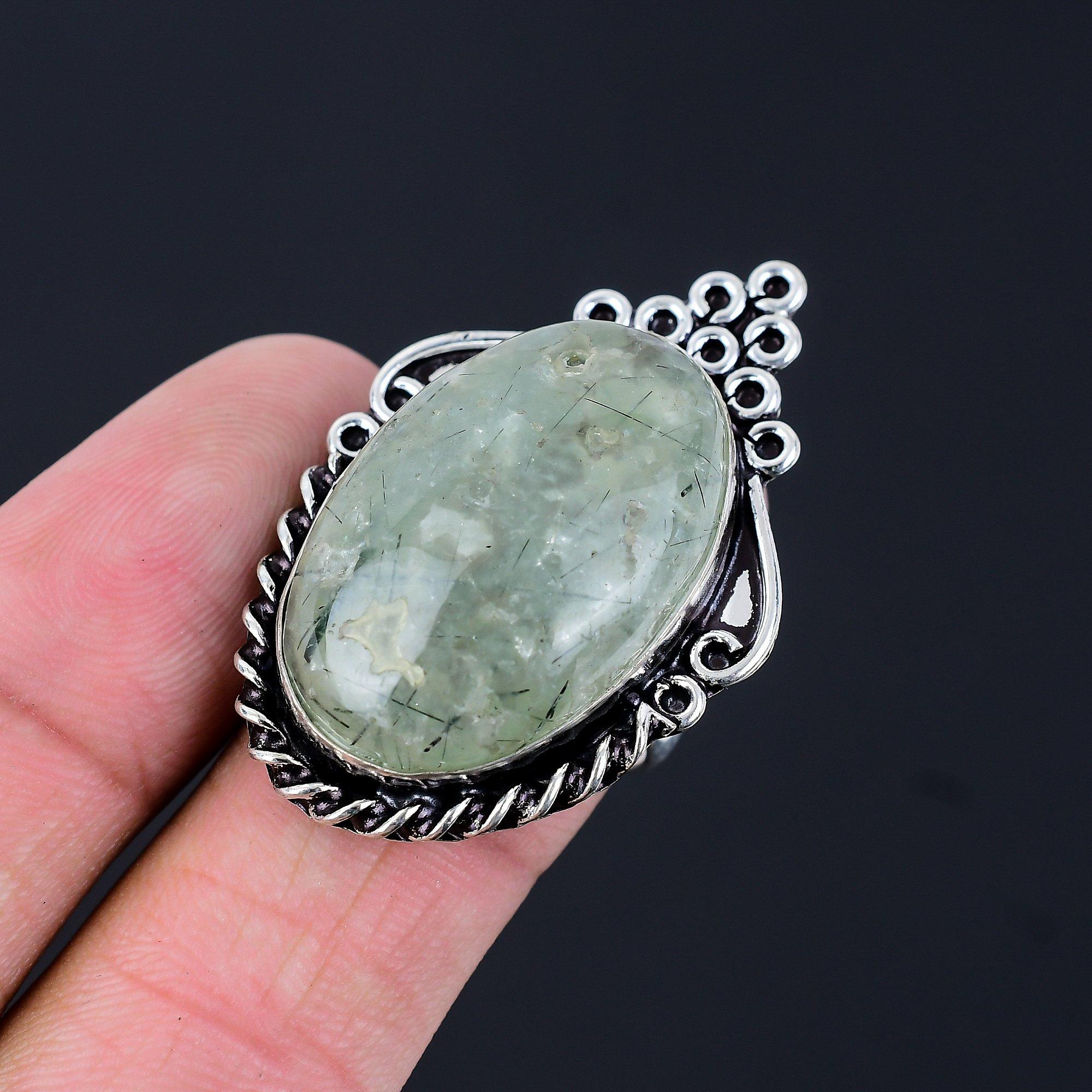 Daughters Day Sale Moss Prehnite Stone 925 Silver Birthday Engagement Wife Ring 9