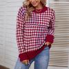 Ladies Fashion Casual Loose Knit Contrast Houndstooth Pullover Sweater