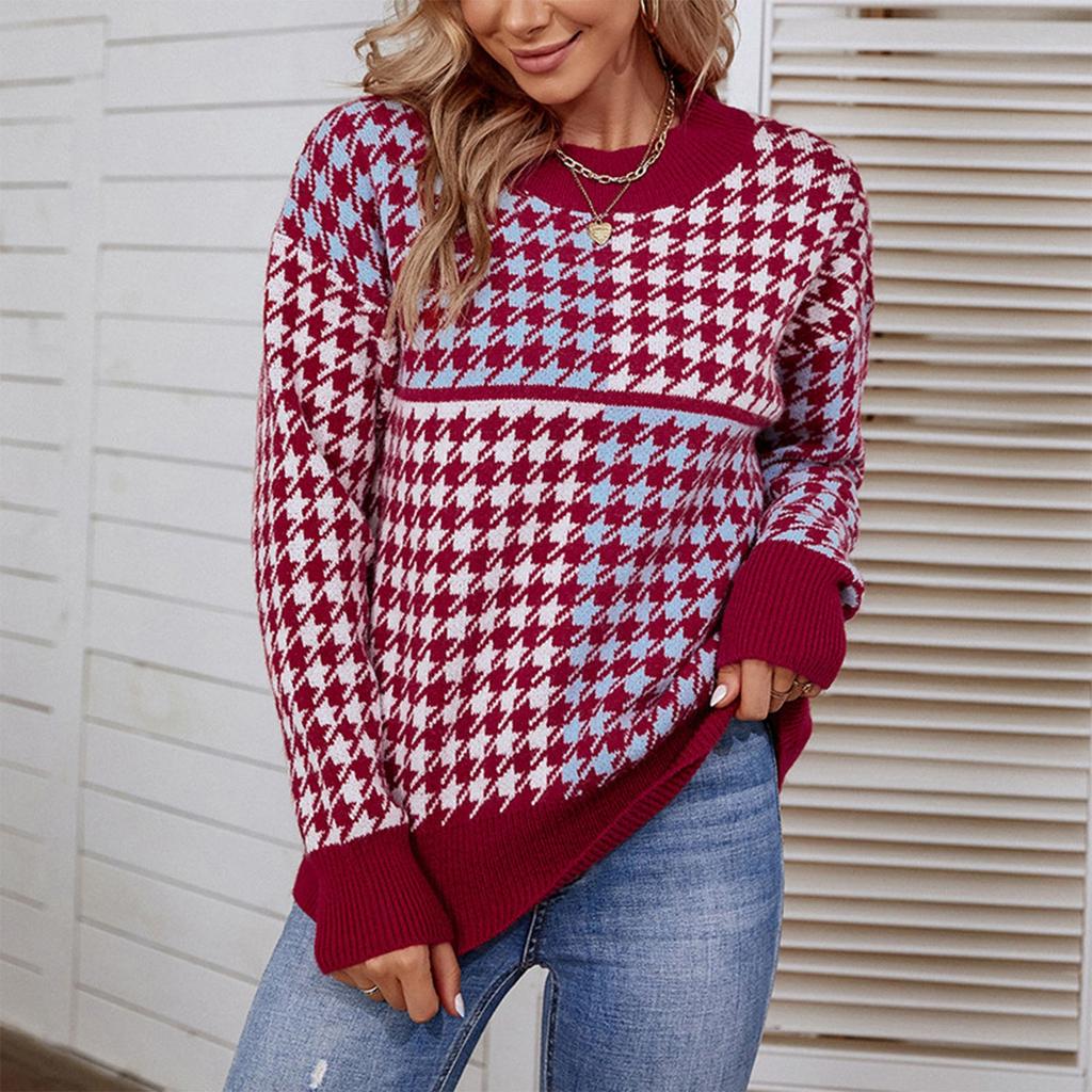 Ladies Fashion Casual Loose Knit Contrast Houndstooth Pullover Sweater