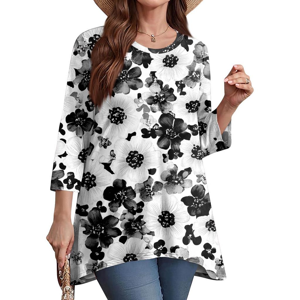 Women's Fashion Casual O-Neck 3/4 Sleeve Loose Printed T-Shirt Ladies Top