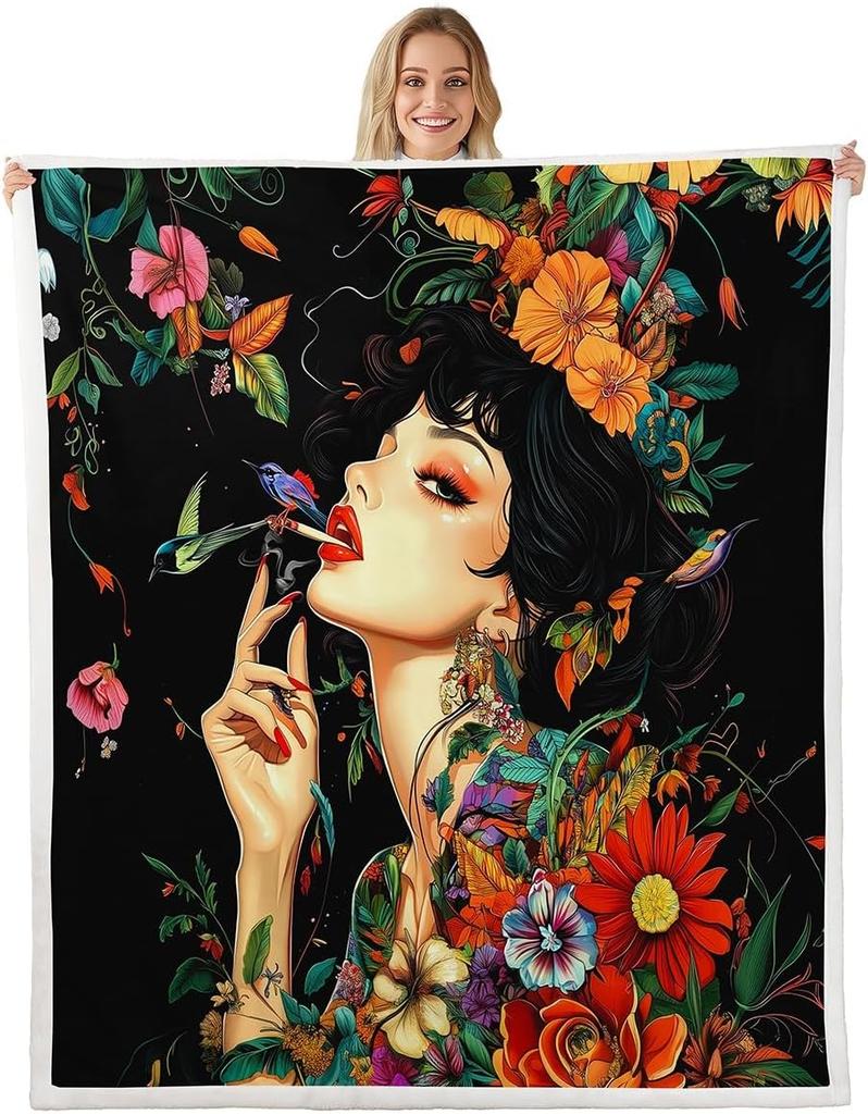 Japanisches Geisha-Mädchen ÜberwurfdeckeRosa Lila Blumenmuster DeckenMond Sternenhimmel Nacht Fleece Decke für Kinder Mädchen Frau Erwachsenen