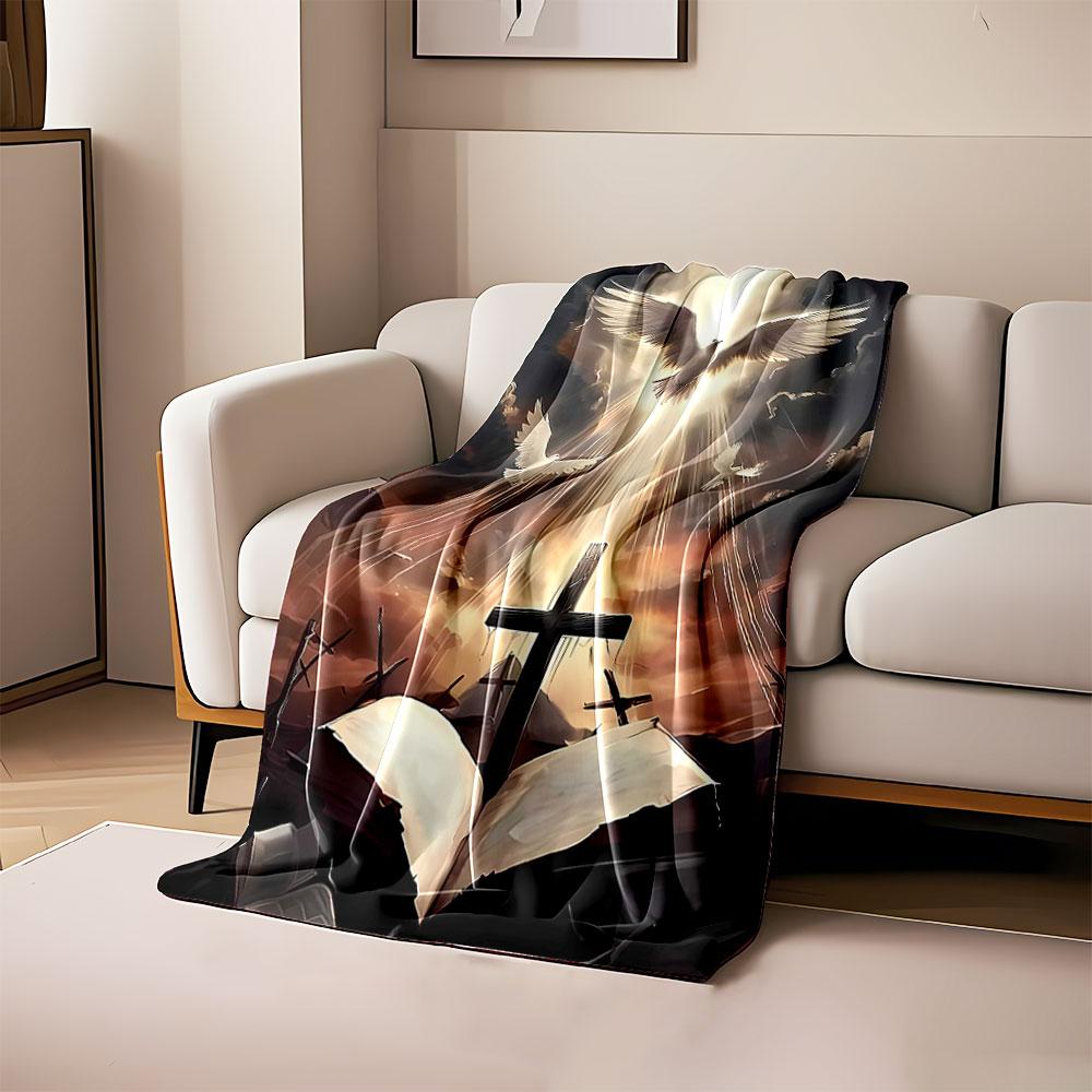 

A glowing cross, open book, and doves under radiant heavenly rays. for all seasons blanket lunch break throw gift 80cm x 120cm