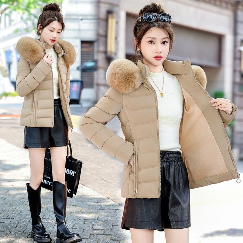 Short cotton-padded clothes, women's big fur collar, slim and thin, removable hat, warm and velvet, small cotton-padded jacket.