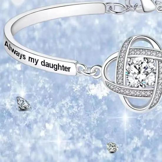 Women Bracelet Rhinestone Clover Charm Letter Engraved Polished Copper Gift for Daughter Adjustable Length Lobster Clip
