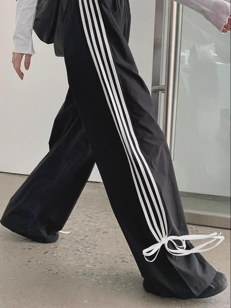 Women's Black Wide-Leg Sports Pants with Bow Design - Early Spring Casual, Loose Fit