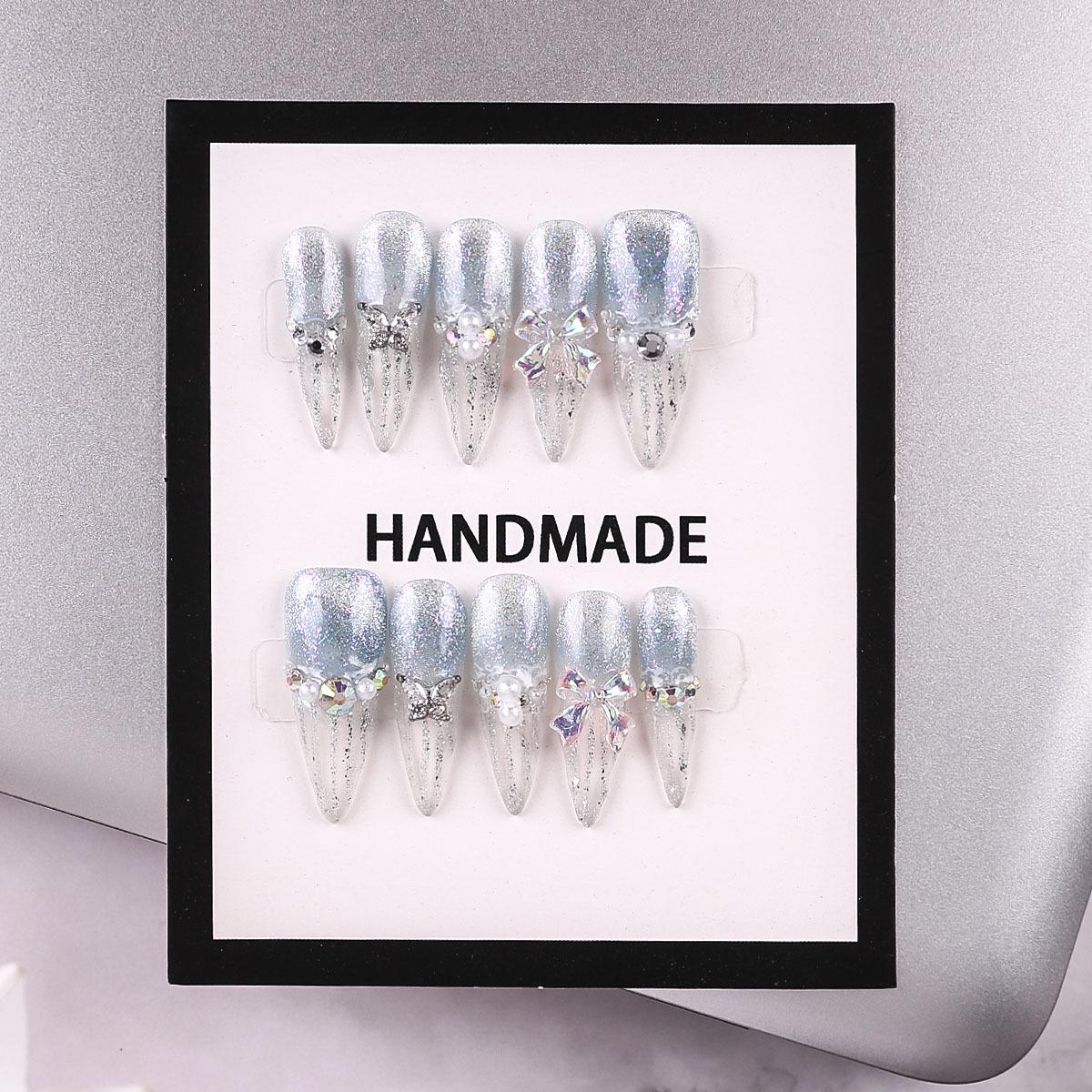 

Ice Blue Cat Eye Diamond French Manicure Nails XS + 5-piece Tool Kit