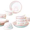 4-Piece Pink Rabbit Ceramic Tableware Set for Couples with Bowls, Plates, and Chopsticks.