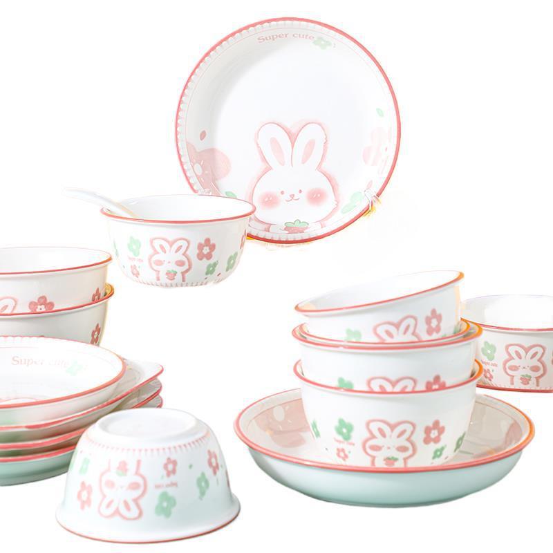 4-Piece Pink Rabbit Ceramic Tableware Set for Couples with Bowls, Plates, and Chopsticks.