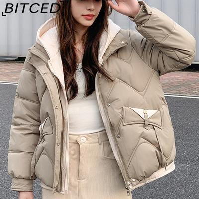 Winter Cropped Pseudo-Two-Piece Women's Student Cotton Coat Loose-Fit Compact Style Hooded Thickened Cotton Jacket