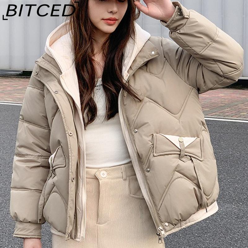 BITCED Winter Cropped Pseudo-Two-Piece Women's Student Cotton Coat Loose-Fit Compact Style Hooded Thickened Cotton Jacket