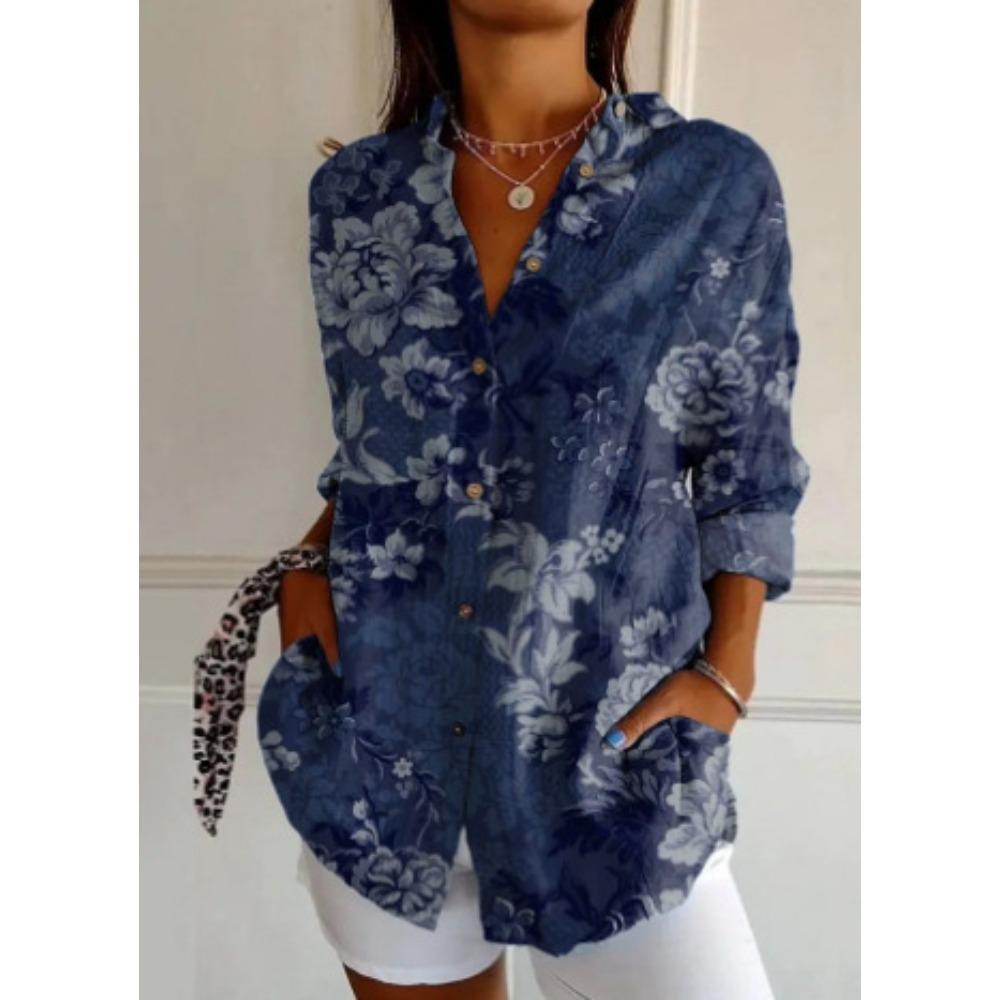 Plus Size Women Long Sleeve Button Shirt Solid Floral Casual Comfort Blouse