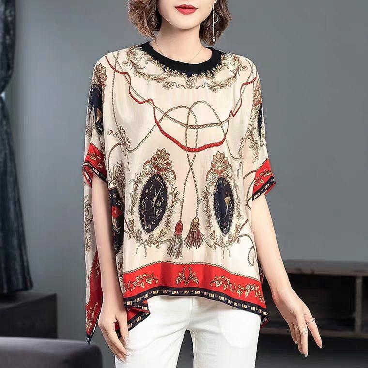 

Женская летняя футболка большого размера с коротким рукавом, шифоновая рубашка для мам, женская свободная блузка, низ живота, женский верх 2XL