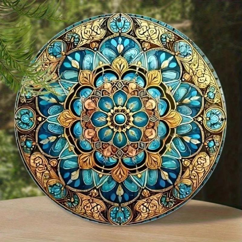 Metal Wall Art Mandala Decor Floral Lightweight Flat 2D Green Gold Brown Black