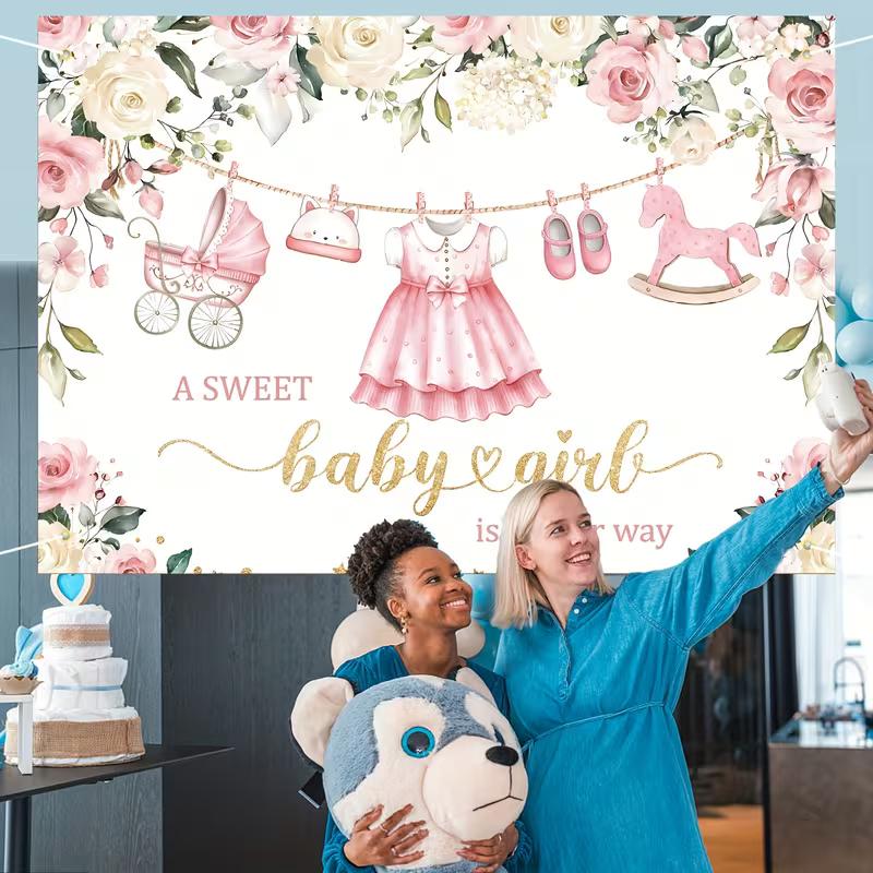 2D Pink Floral Baby Girl Shower Backdrop A Sweet Baby Girl Is On Her Way Party Decoration